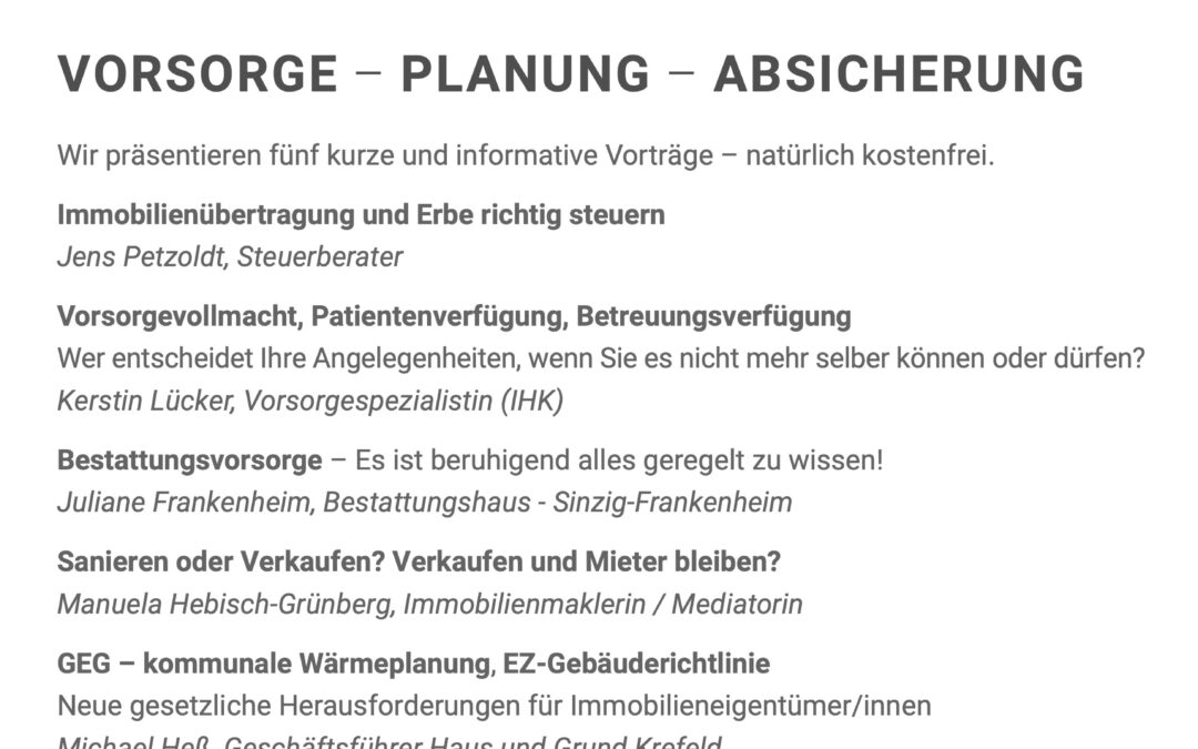 + Jetzt noch freie Plätze sichern: Vorsorge – Planung – Absicherung – 10.04.2024 +